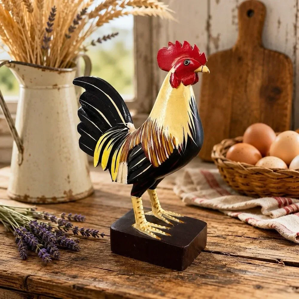 Vintage Hand Carved Wooden Rooster Statue Folk Art Farmhouse Home Decor Display